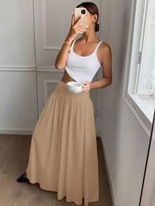 Serisse Chân váy xếp ly khóa kéo màu trơn dành cho nữ, kiểu dáng thường ngày, đa năng. - Màu Khaki - Xem 5