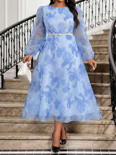 SHEIN Lady Plus Size Spring, Summer, Autumn And Winter Plus Size Round Neck Long Puff Sleeve Waist A-Line Multi-Color Chiffon Perspective Flowing Hem Plus Size Dress  Summer Dress Spring Dress  Floral Dress  Vacation Outfits Women Organza Dress