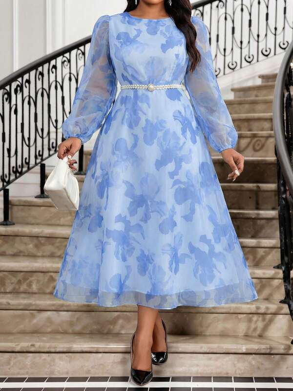 SHEIN Lady Plus Size Spring, Summer, Autumn And Winter Plus Size Round Neck Long Puff Sleeve Waist A-Line Multi-Color Chiffon Perspective Flowing Hem Plus Size Dress  Summer Dress Spring Dress  Floral Dress  Vacation Outfits Women Organza Dress