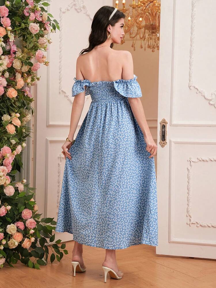 SHEIN 孕妇碎花荷叶边露肩修身连衣裙 - 藕粉色 - 查看 2