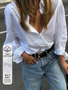 Livesso Blusa blanca de manga larga con diseño de rayas azules para oficina/viaje, estilo casual de primavera/verano para mujeres - Blanco - Ver 1