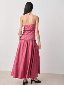 Nöista Strapless Dark Pink Dress, Off Shoulder, Textured Fabric With Tiered Bodice Details And A Flowing Shape. Summer, Events, And Weeding Occasions. - Dusty Pink - View 2