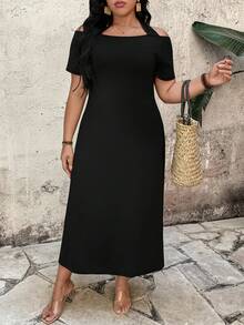 Elenzga Plus Size Women Halter Neck Short Sleeve Bodycon Dress - Black - View 1