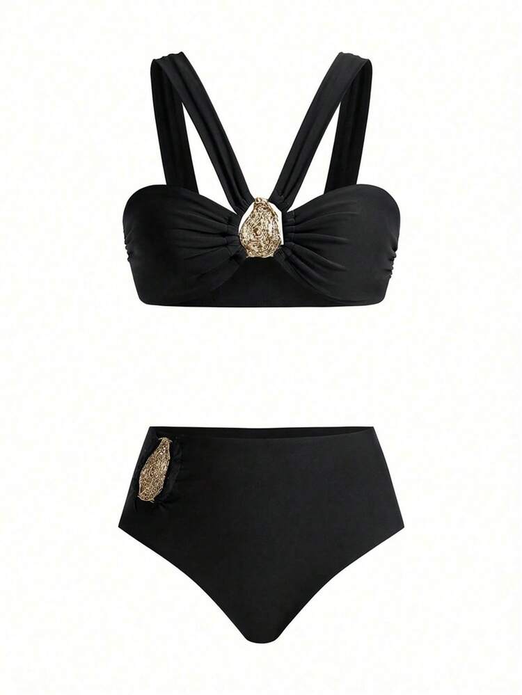 Swim Oasis 3pcs Women's Summer Vacation Elegant Metal Brown Twist Bodycon Mini Skirt Set 2026 New Women's Swimwear ArrivalFor School,Suitable For Holiday, Date, Afternoon Tea, Western, Cruise, Beach, Island, Road Trip, All Seasons, Music Festival, Boho Vacation,Bohemian Vacation, Chill Autumn ,Western Boho ,Elegant Tops For Women - Black - View 8
