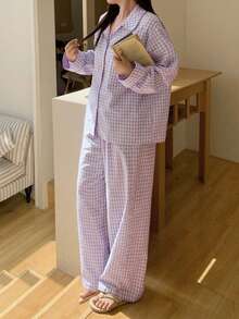 Dazy Plus 2 piezas Conjunto de pijama a cuadros, parte superior holgada con solapa y pantalones largos, traje de ropa de dormir para primavera, verano y otoño - Morado - Ver 8