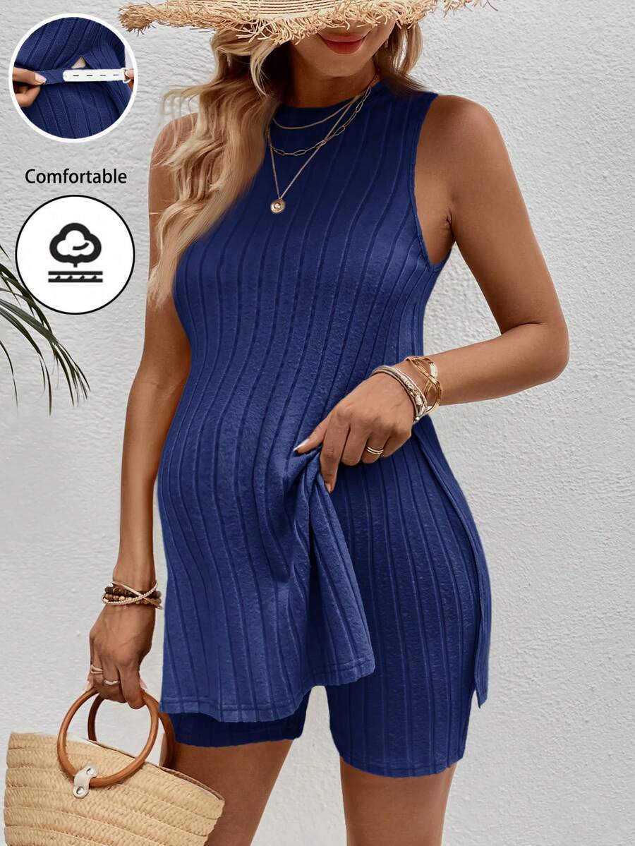 SHEIN 2pcs Maternity Solid Color Round Neck Ribbed Side Slit Camisole And Adjustable Waist Shorts Casual Set - Navy Blue - View 1