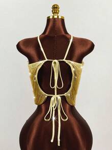 Mistrie Women's Sexy Halter Neck Sleeveless T-Shirt With Gold Tassels - Gold - View 2