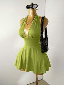 Mistrie Black Tight-Fitting Romper With Deep V-Neck, Backless Strap - Green - View 6