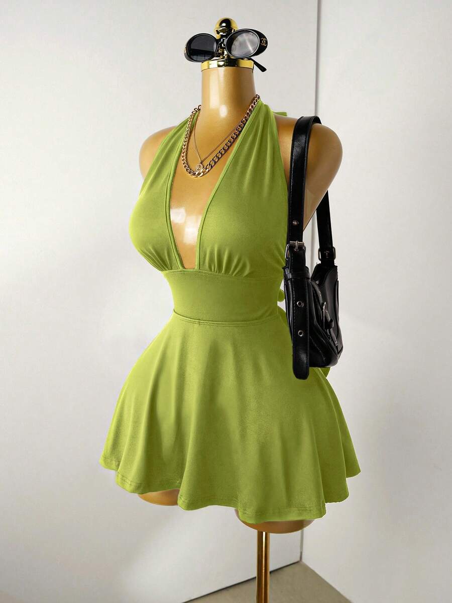 Mistrie 黑色紧身连体衣，深V领，露背吊带 - 綠色 - 查看 1