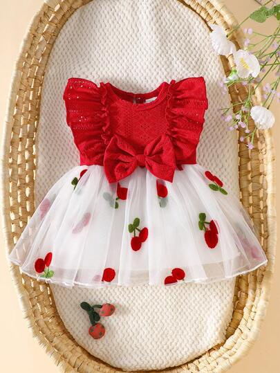 Newborn Baby Girls Cute Flutter Sleeve Bow Hem Tulle Mesh Princess Dress
