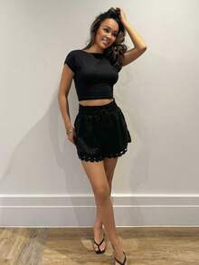 RebeccaVibe Summer Clothes Women Beach Vacation , Lace Trim Tie Waist Cover Up Shorts - Black - View 2