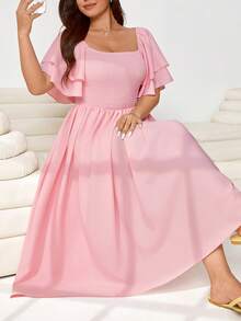 Solflare 大码纯色宽松圆领优雅短袖连衣裙 - 粉色 - 查看 3