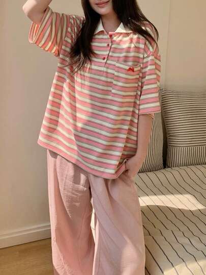 Dazy Plus 大码舒适条纹落肩短袖上衣和裤子睡衣套装，夏季