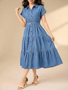 少女蓝色牛仔领层叠蛋糕裙，夏季连衣裙，春季女童连衣裙，优雅派对连衣裙，毕业礼服，度假装 - 淺色水洗藍 - 查看 3