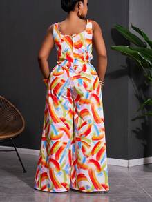 Slaydiva 2025新款春夏度假休闲卡其色鱼骨吊带上衣和阔腿裤两件套，带口袋，纹理面料，大码女式彩色连体裤印花连体裤女式连体裤女式连衣裙阔腿连体裤 - 彩色 - 查看 3