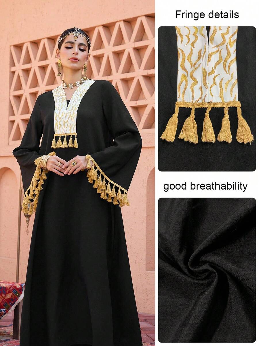 Al Najma Floral Patchwork Solid Color Fringe Cuff Black Long Cardigan - Black - View 1