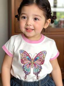 Baby Girl Casual Minimalist Short Sleeve Round Neck Top, Suitable For Summer, Faux Sequins Butterfly Print, Sweet & Cute, Suitable For Parties & Casual Wear - Multicolor - View 7