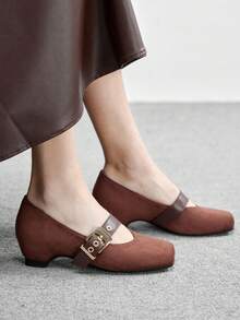 CUCCOO BIZCHIC Women's New Square Toe Suede Brown With Broadband Metal Buckle Fashionable Daily Commuting Versatile Wear Wedge Heel Shoes Valentine's Day - Brown - View 4