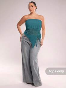 SHEIN BAE 新款加大码女式杏色不对称抽绳吊带背心，波浪纹理细肩带露脐上衣，性感吊带衫，Y2K风格，适合约会、外出、音乐节、下午茶、派对、毕业季、婚礼季等场合。 - 水鴨藍 - 查看 4