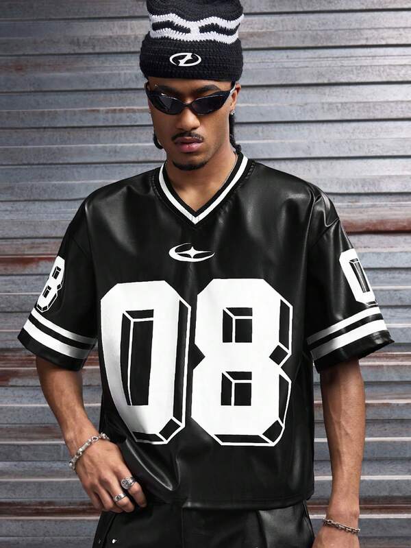 AXEPEAK Men's Numeric Print V-Neck Short Sleeve Casual Loose T-Shirt