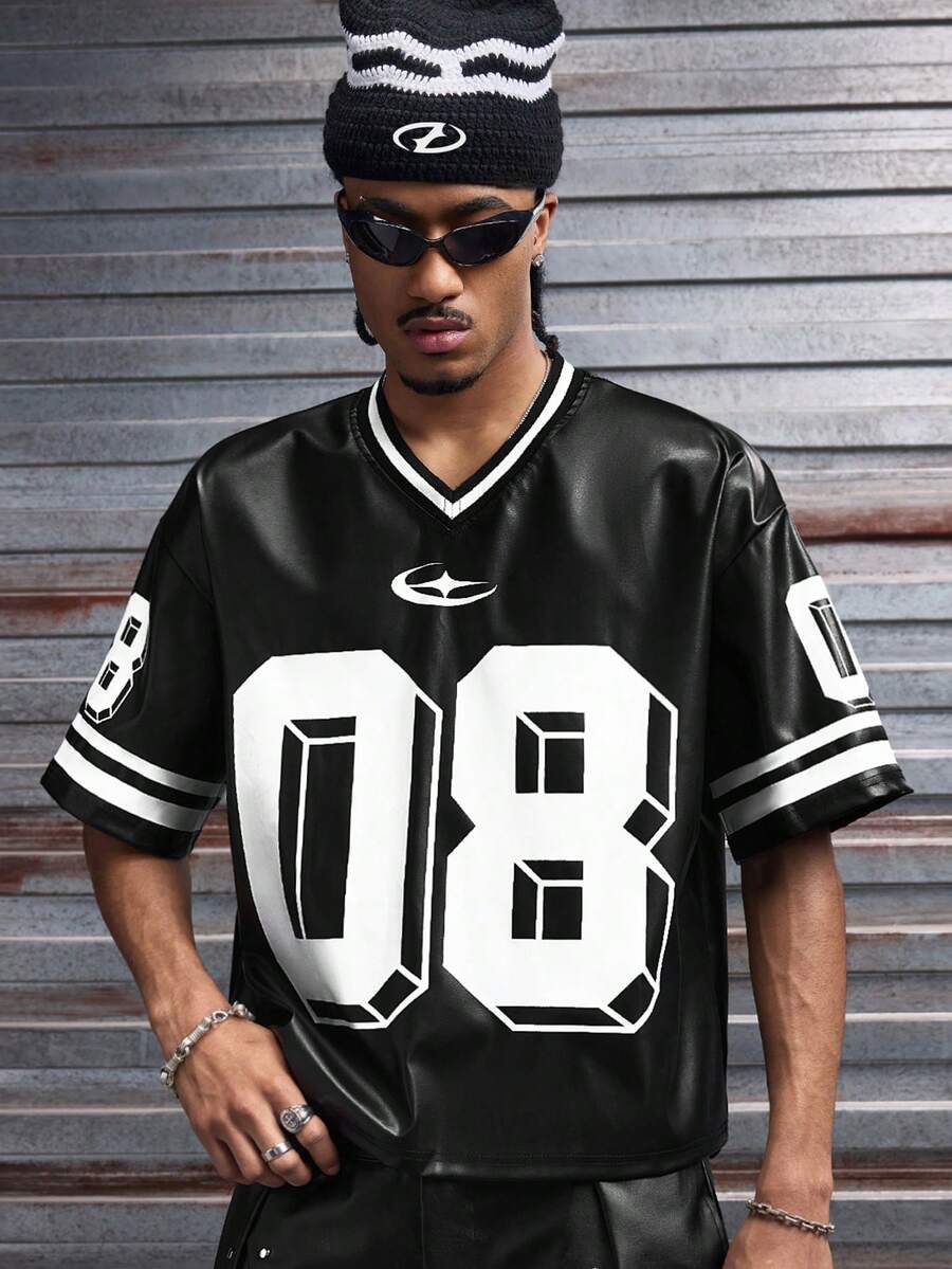 AXEPEAK Men's Numeric Print V-Neck Short Sleeve Casual Loose T-Shirt - Black - View 1