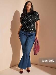 SHEIN BAE 大码女式复古休闲度假风波点印花蝙蝠袖修身T恤 - 黑色 - 查看 4