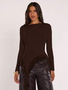 SHEIN BAE Women's Autumn Fashionable Solid Color Versatile Asymmetric Ruffle Hem Top - Coffee Brown - View 8