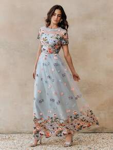 Anewsta Đầm chữ A màu hồng thanh lịch mới, thêu hoa, thích hợp cho kỳ nghỉ, tiệc sinh nhật dành cho nữ. - Màu xanh lam - Xem 3