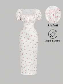 SHEIN MOD 女士泡泡袖方领修身中长连衣裙，挤奶女工连衣裙，茶会连衣裙，女士印花中长连衣裙方领泡泡袖，婚礼宾客连衣裙，春夏装扮，茶会装扮，田园风连衣裙，节日，生日，情人节，度假装扮 - 彩色 - 查看 3