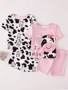 SHEIN Conjunto de 4 piezas de ropa interior para bebé niña con estampado de vaca de dibujos animados, top de manga corta y pantalones cortos - Multicolor - Ver 5
