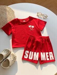 SHEIN 2pcs/Set Baby Boy Summer Casual Vacation Knit Red Printed Pattern Loose T-Shirt And Red Shorts Set - Multicolor - View 6