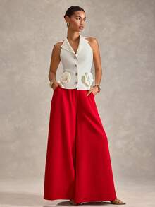 RueChic Women, Spring, Summer, White Sleeveless Tailored Blazer Vest With Rosette Waist - Elegant Structured Peplum Waist, 3‑Button Front, Fitted Silhouette, Bridal & Cocktail Jacket, Wedding Guest & Evening Wear, Office To Event Statement Vest, Luxury Crepe/Lined Fabric, Breathable Stretch, Sleek Notched Lapel, Designer Look - White - View 2