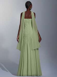 Elitara 优雅薄荷绿极简主义高弹网纱无肩带褶皱腰A字连衣裙，适合约会、单身派对、婚礼、正式场合 - 綠色 - 查看 3