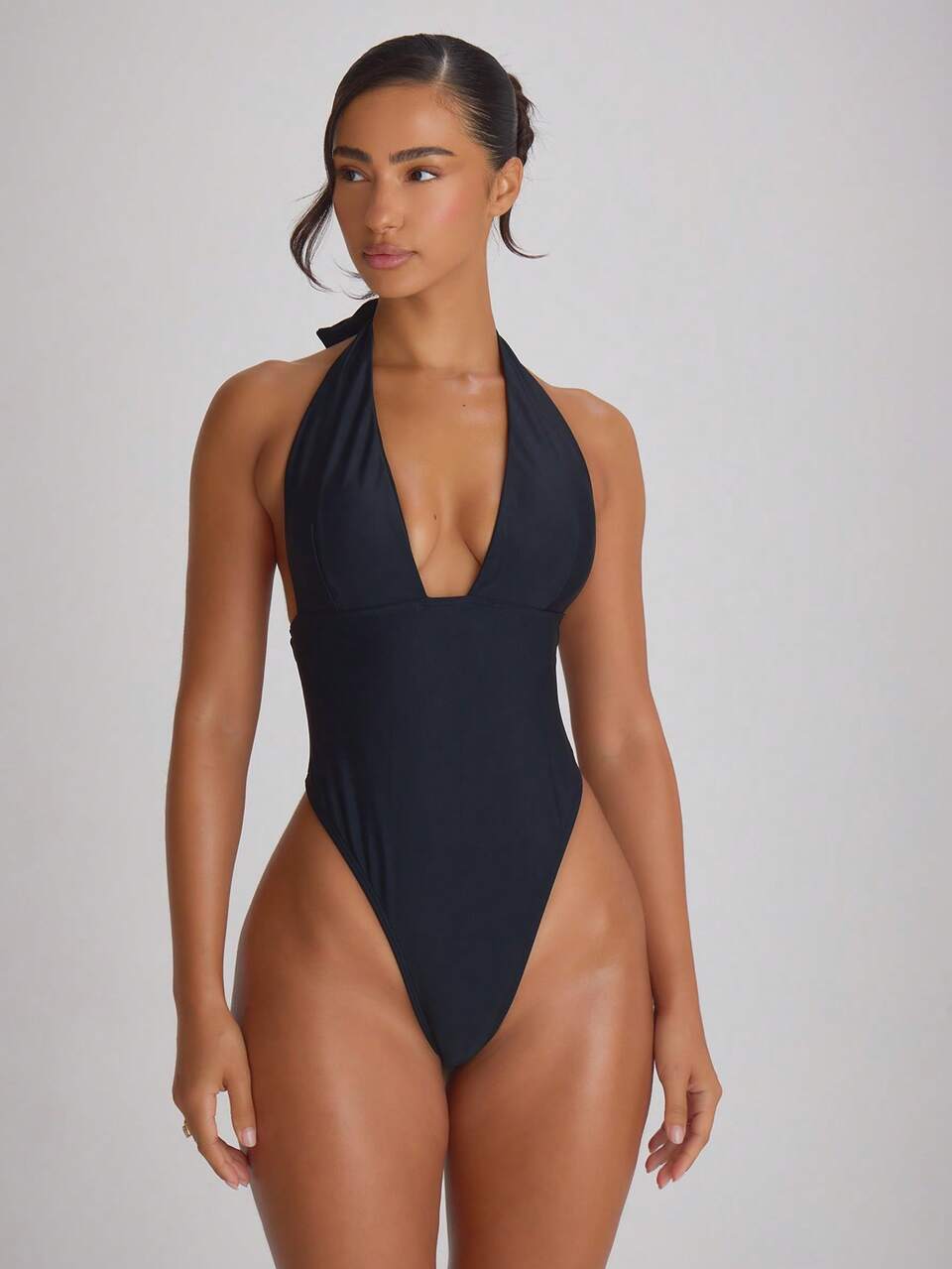 Black Plunge Apex Halterneck Tie Back Cheeky Swimsuit