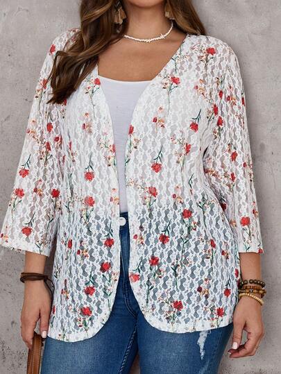 EMERY ROSE Chaqueta corta de punto con aspecto de ganchillo, transparente y con estampado floral colorido, de talla grande, ajustada y casual, adecuada para principios del otoño