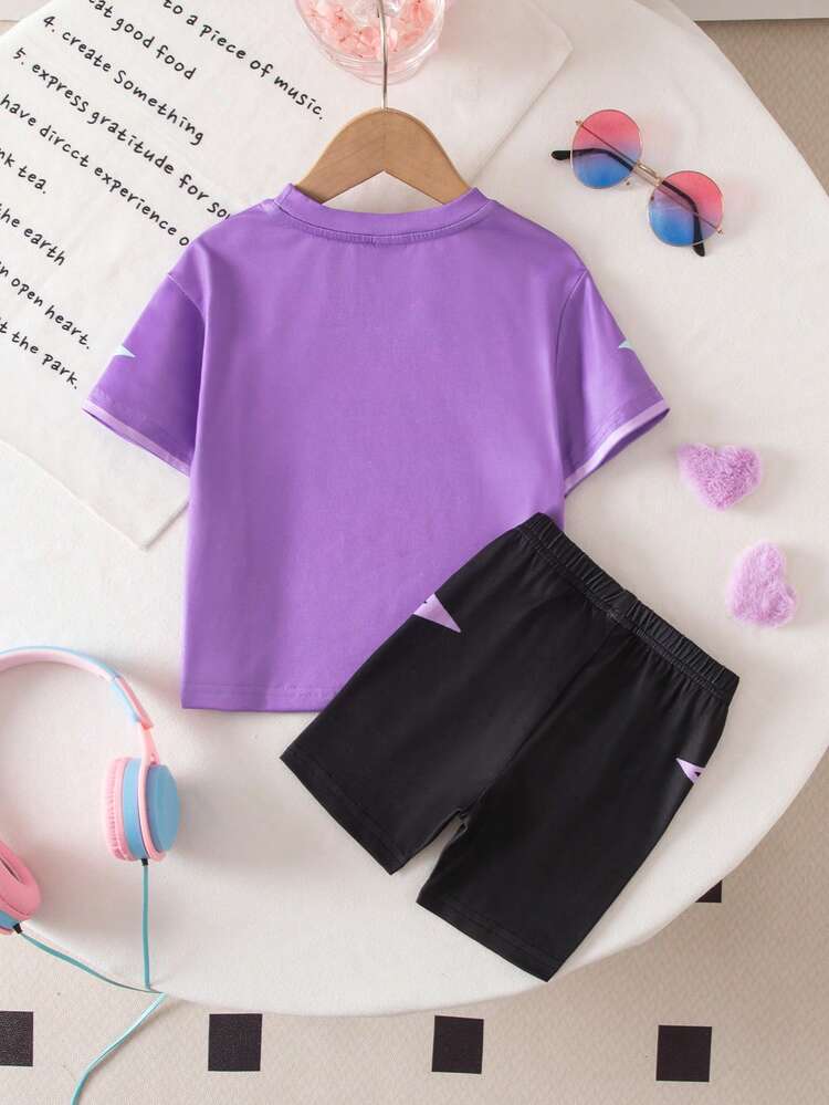 SHEIN 女婴数码印花短袖T恤和短裤套装 - 紫色 - 查看 2