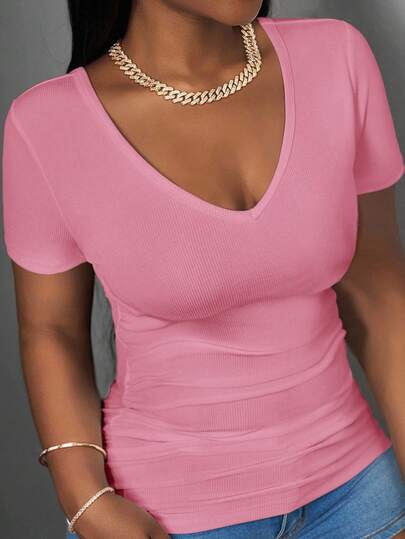 Slaydiva 2025 New Plus Size Women Casual Basic Racerback Sleeveless Deep V-Neck Ribbed White T-Shirt