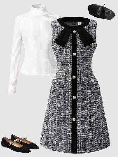 少女优雅复古纯色高领T恤和蝴蝶结纽扣假口袋无袖修身连衣裙套装，适合日常穿着、约会和聚会。