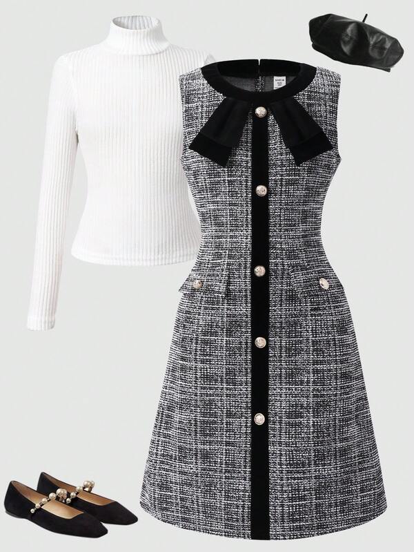 Tween Girl Black And White Plaid High Neck T-Shirt & Bow Button Sleeveless Dress Set,Autumn Back-To-School Preppy Outfits For Girls School Daily Wear