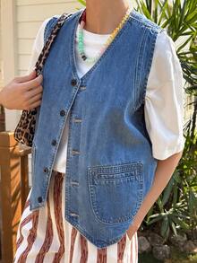 Livesso 女士纯棉蓝色无袖V领休闲牛仔衬衫，夏季 - 藍色 - 查看 4