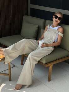 DAZY Women's Casual Solid Color Denim Bib Pants With Large Pockets - White - View 3