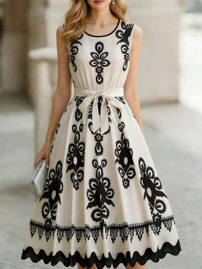 Franclia Vestido de verano sin mangas con volantes en el bajo, parche negro, vestido midi con estampado de parche, patrón floral definido, vestido midi con cinturón de lazo en la cintura, vestido casual elegante para vacaciones, estilo vacacional