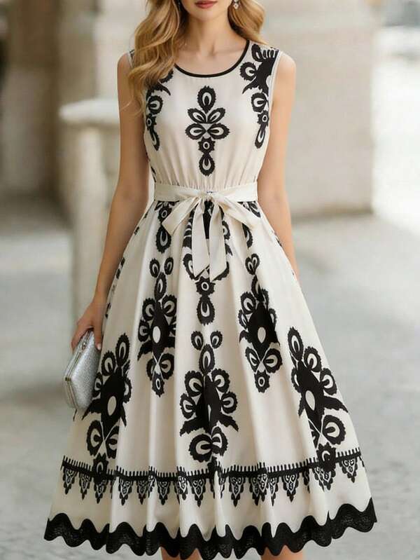 Franclia Women's Summer Sleeveless Ruffle Hem Patchwork Black Ribbon, Printed Patchwork Mid-Calf Dress, Defined Floral Pattern, Tie Waist Belt Mid-Calf Dress, Vacation Casual Elegant Dress, Holiday Style Dress Midi White Dress Patterned Dress Sleeveless Dress Romwe Dress Midi Dress Elegant Summer Dress Printed Dress A-Line Dress Unique Dress French Style Dress Black And White Dress