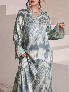 Al Najma 女士春夏蓝色扎染数码豹纹长袖连帽开衫和传统土耳其/阿拉伯长袍 - 藍色 - 查看 5