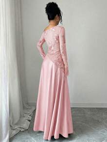 Modelyn 女士秋季棕色性感不对称肩部网纱刺绣长袖高腰A字连衣裙 - 粉色 - 查看 2