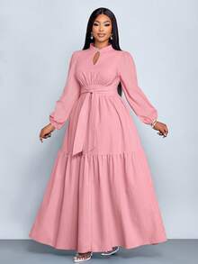 SOLERSUN 大码女式纯红色宽松休闲立领前开衩水滴形纽扣高端设计长袖系带修身A字长连衣裙，优雅、舒适、休闲、时尚通勤连衣裙，新款，适合日常穿着，新年、秋季、冬季、派对、约会、圣诞节、2026年、新年、情人节、夏季、粉色。 - 粉色 - 查看 6