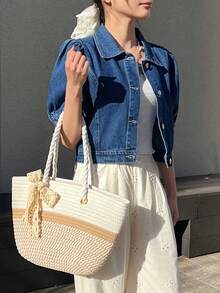 FRIFUL 女士短款泡泡袖单排扣休闲牛仔衬衫 - 藍色 - 查看 4