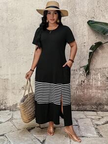 EMERY ROSE 大码女式条纹拼接圆领短袖开衩长裙。休闲撞色T恤裙，带口袋，适合母亲节、情人节、海滩度假、春夏穿着。 - 黑色 - 查看 7