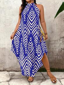 EMERY ROSE Đầm cổ yếm kẻ sọc thời trang thường ngày dành cho nữ cỡ lớn đi nghỉ mát - Xanh đậm - Xem 5