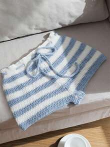 Comfortcana 女士抽绳腰带条纹休闲针织短裤 - 藍色 - 查看 6